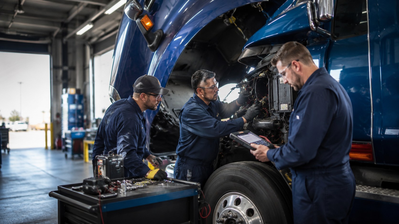 Mechanics working on a semi truck electrical and mechanical system
