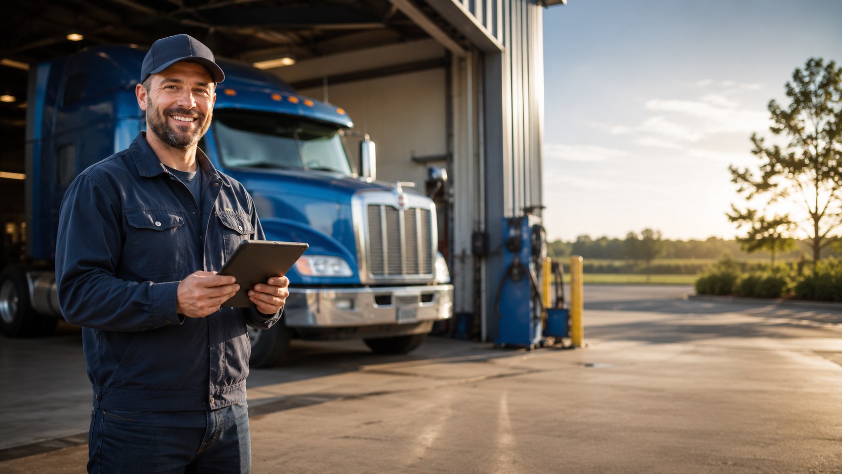 Truck repair technician with tablet at service bay