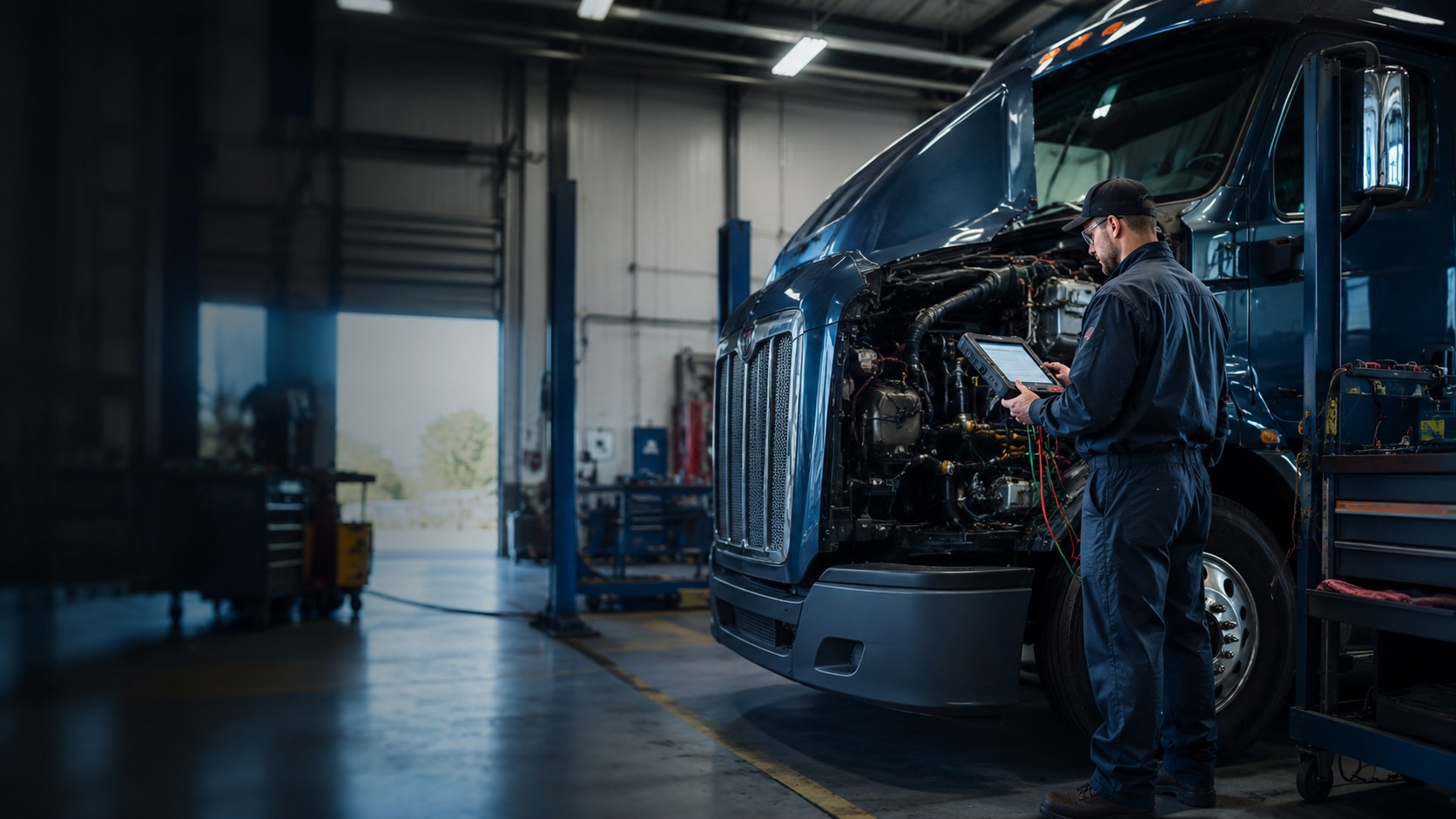 Mechanic diagnosing truck electrical system